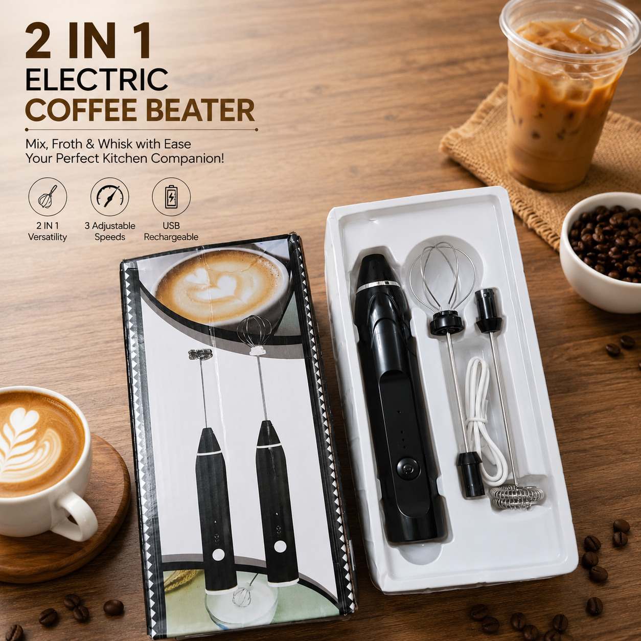 2 in 1 Electric Coffee Beater & Milk Frother – USB Rechargeable