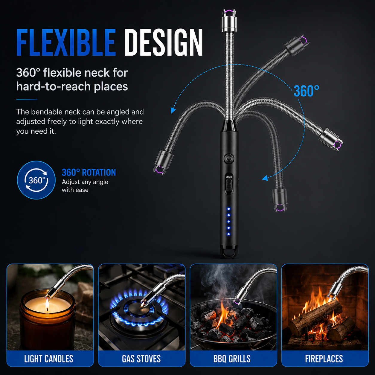 Plasma Electric Lighter – USB Rechargeable Flameless Windproof Arc Lighter | 360° Flexible Neck
