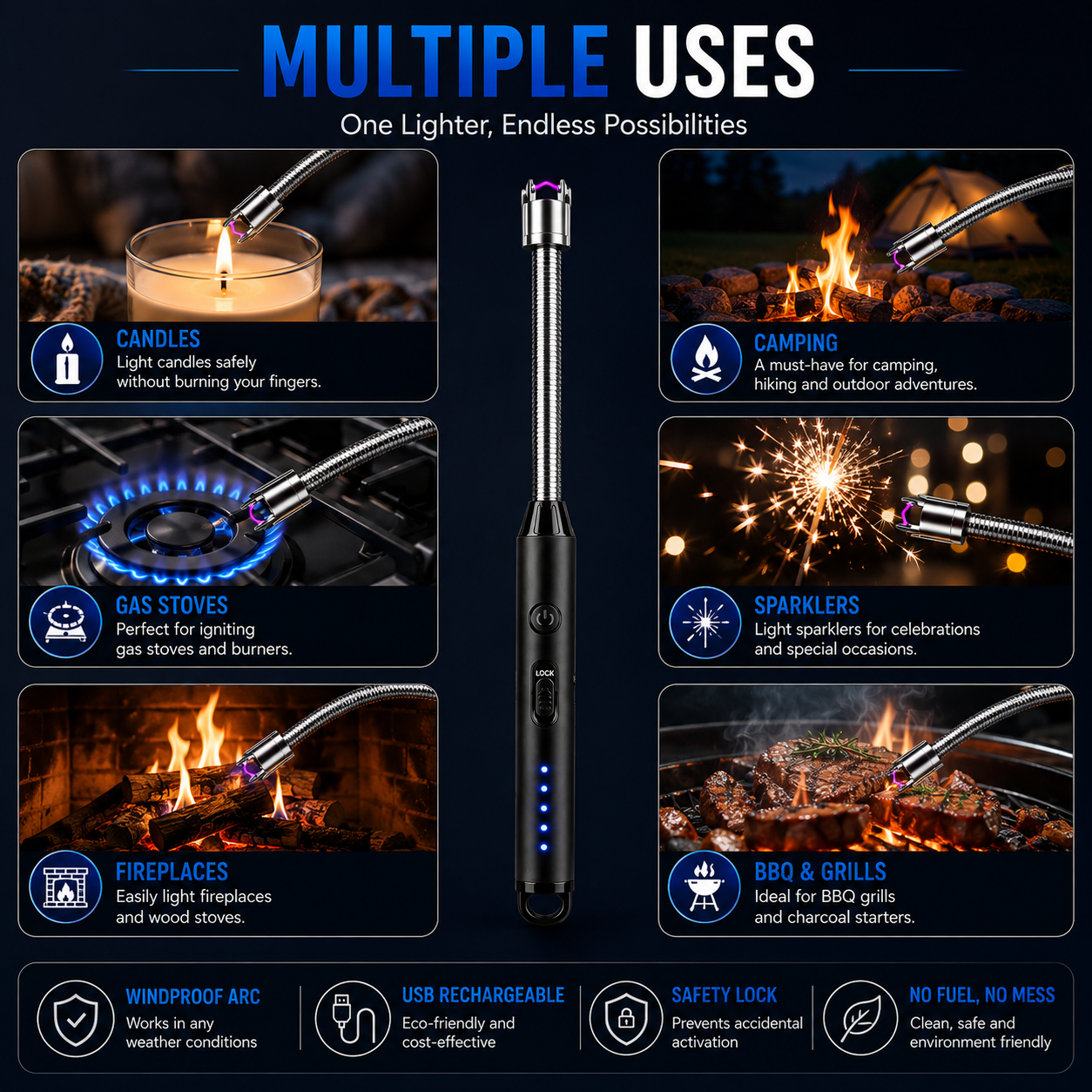 Plasma Electric Lighter – USB Rechargeable Flameless Windproof Arc Lighter | 360° Flexible Neck