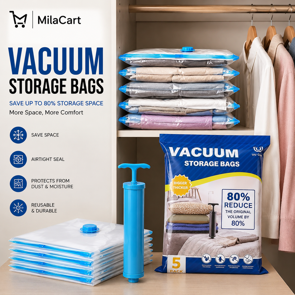 Vacuum Storage Bags Set (5 Pack) with Hand Pump | Space Saver Compression Bags for Clothes, Bedding & Travel