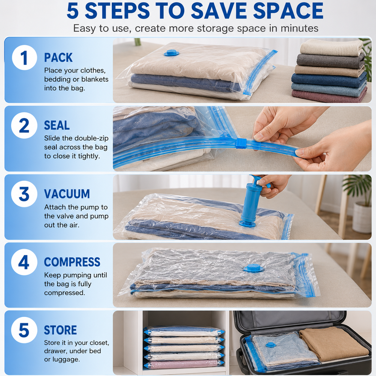Vacuum Storage Bags Set (5 Pack) with Hand Pump | Space Saver Compression Bags for Clothes, Bedding & Travel