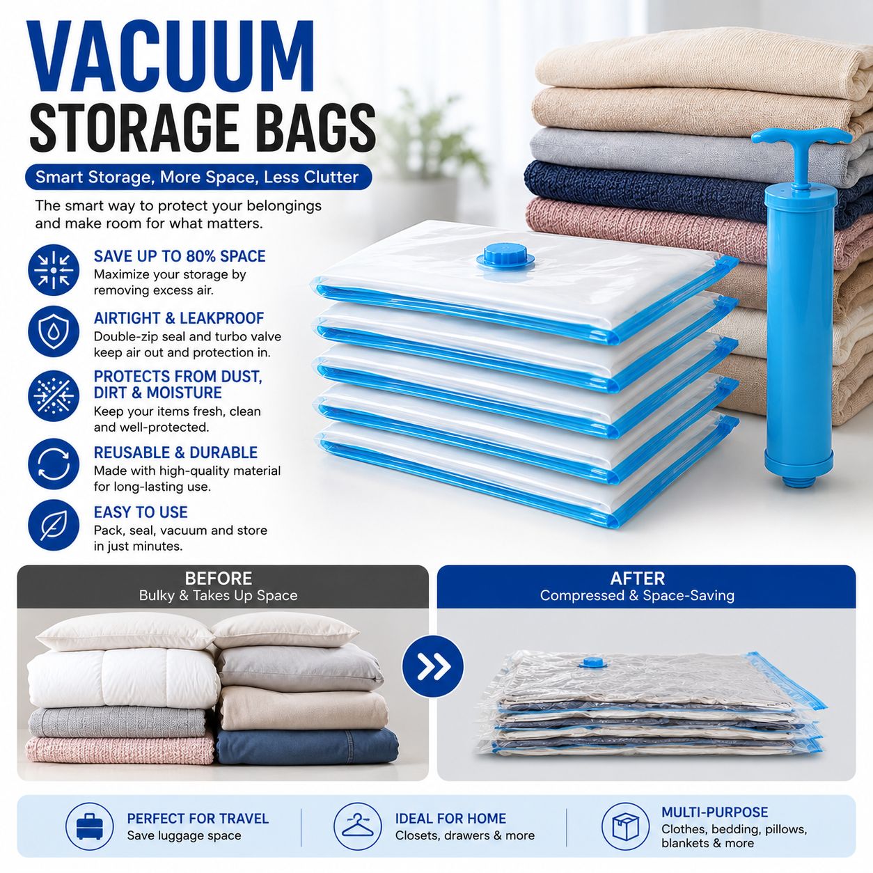 Vacuum Storage Bags Set (5 Pack) with Hand Pump | Space Saver Compression Bags for Clothes, Bedding & Travel