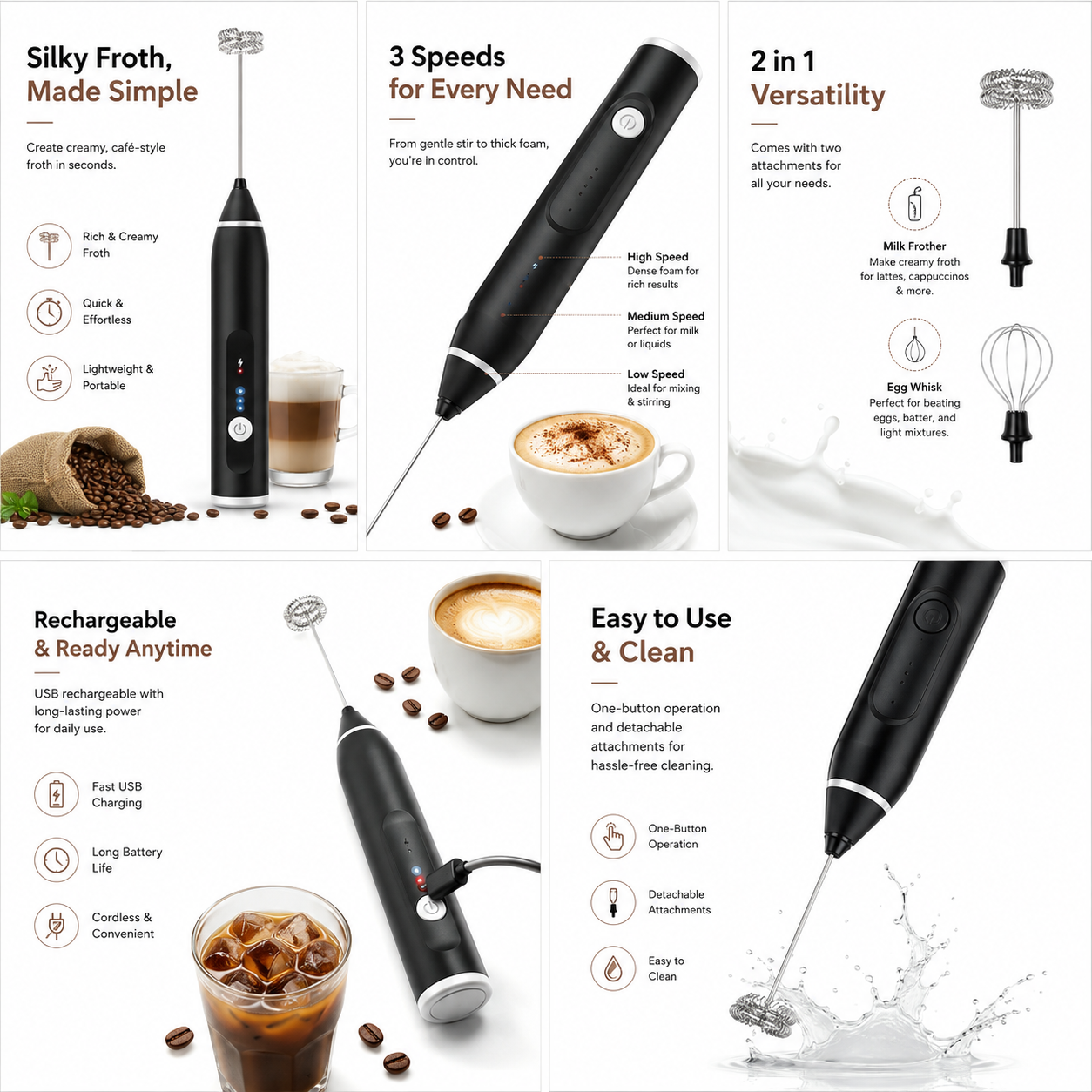 2 in 1 Electric Coffee Beater & Milk Frother – USB Rechargeable
