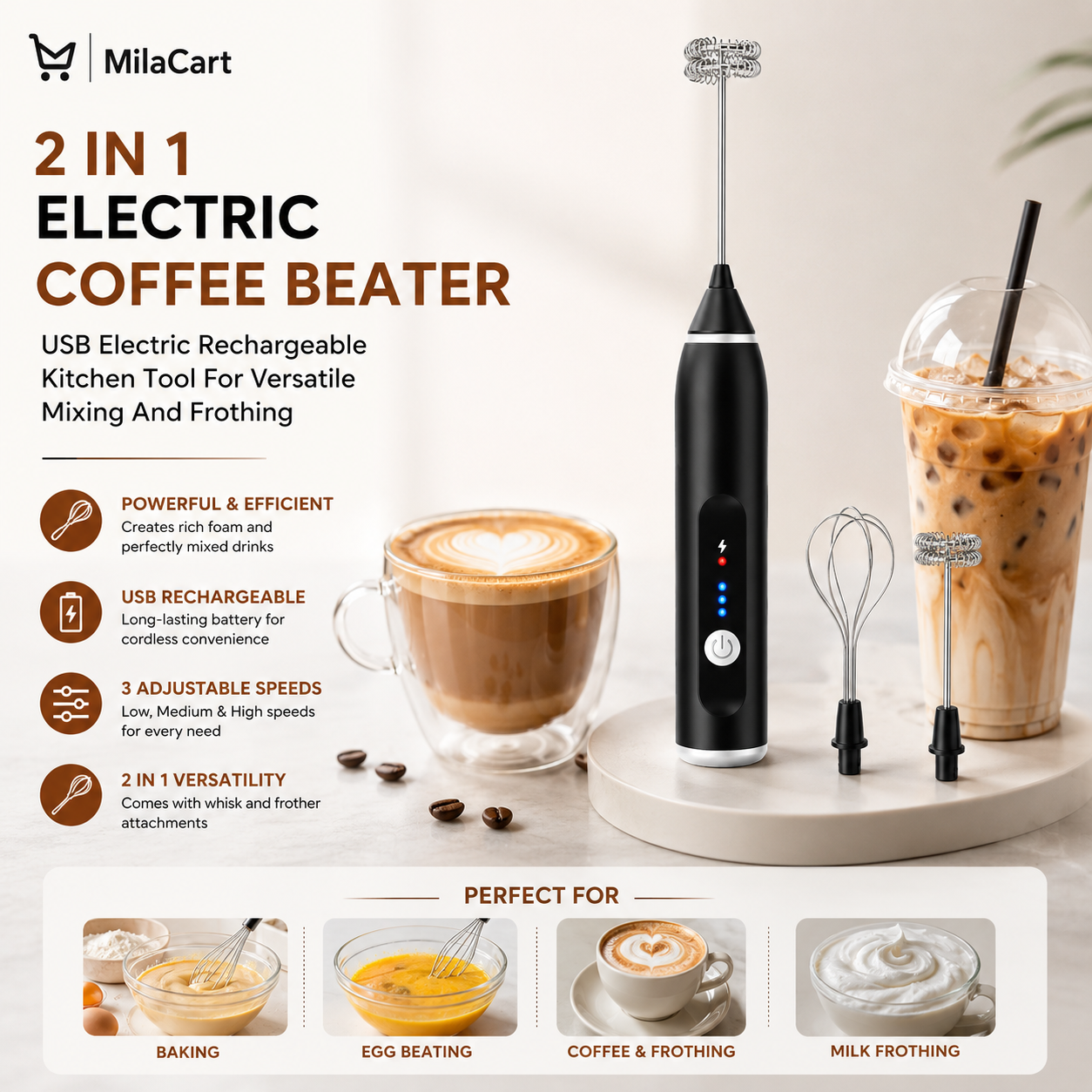 2 in 1 Electric Coffee Beater & Milk Frother – USB Rechargeable