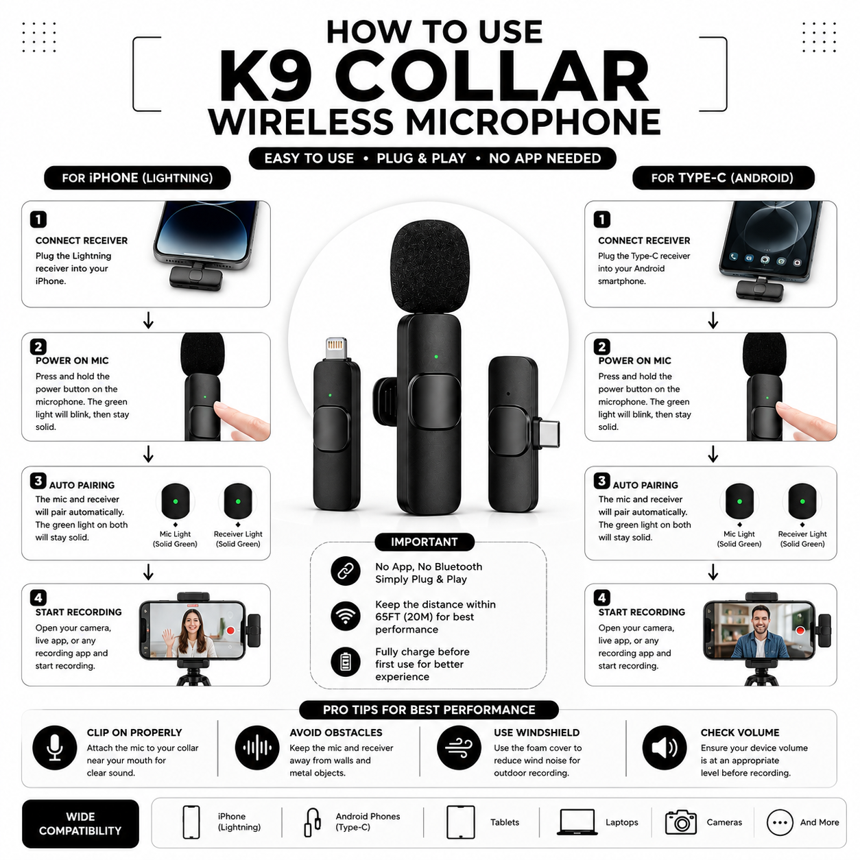 K9 Collar Wireless Microphone – iPhone & Type-C Supported | Crystal Clear Audio | Plug & Play | Noise Reduction