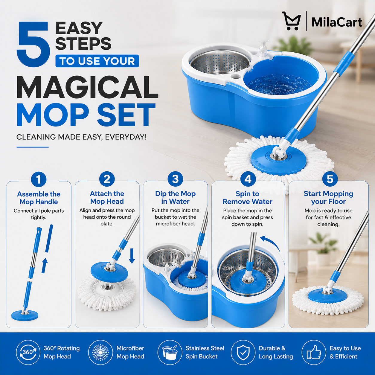 Easy Spin Magical Mop Set with Steel Bucket | 360° Rotating Microfiber Floor Cleaning System
