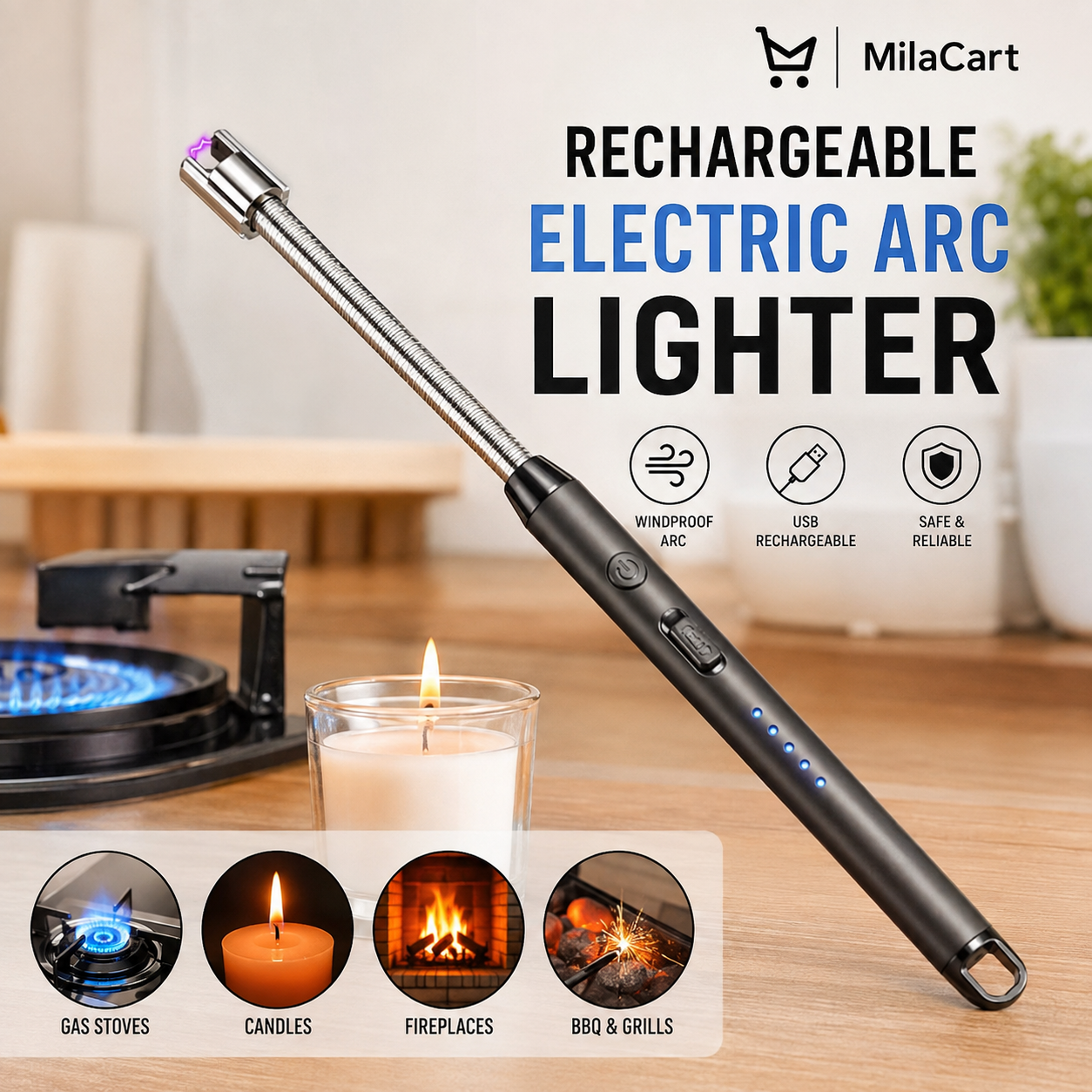 Plasma Electric Lighter – USB Rechargeable Flameless Windproof Arc Lighter | 360° Flexible Neck