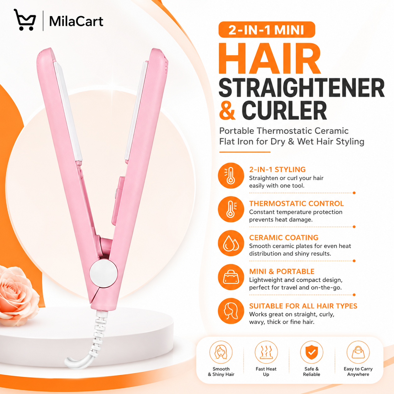 2-in-1 Mini Hair Straightener & Curler – Portable Ceramic Hair Styling Tool