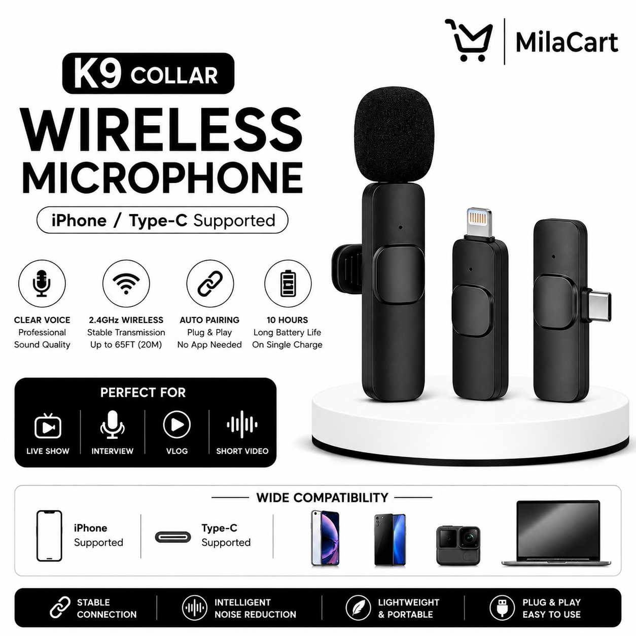 K9 Collar Wireless Microphone – iPhone & Type-C Supported | Crystal Clear Audio | Plug & Play | Noise Reduction