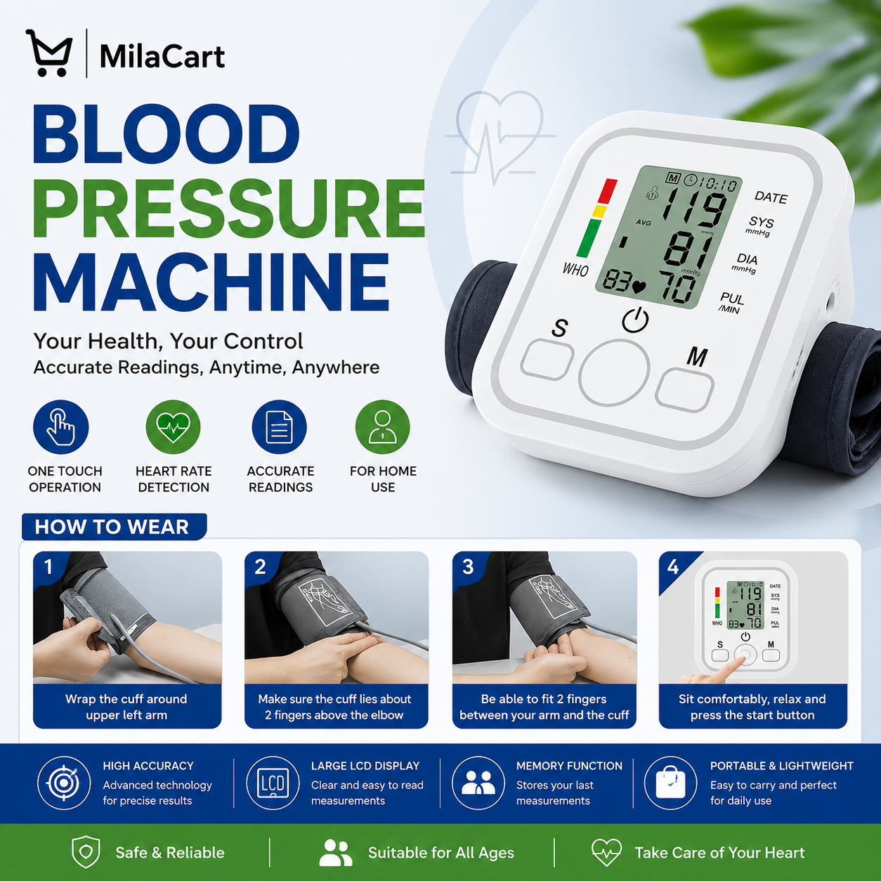 Digital Automatic Upper Arm Blood Pressure Monitor | Accurate BP & Heart Rate Machine | Easy One-Touch Operation