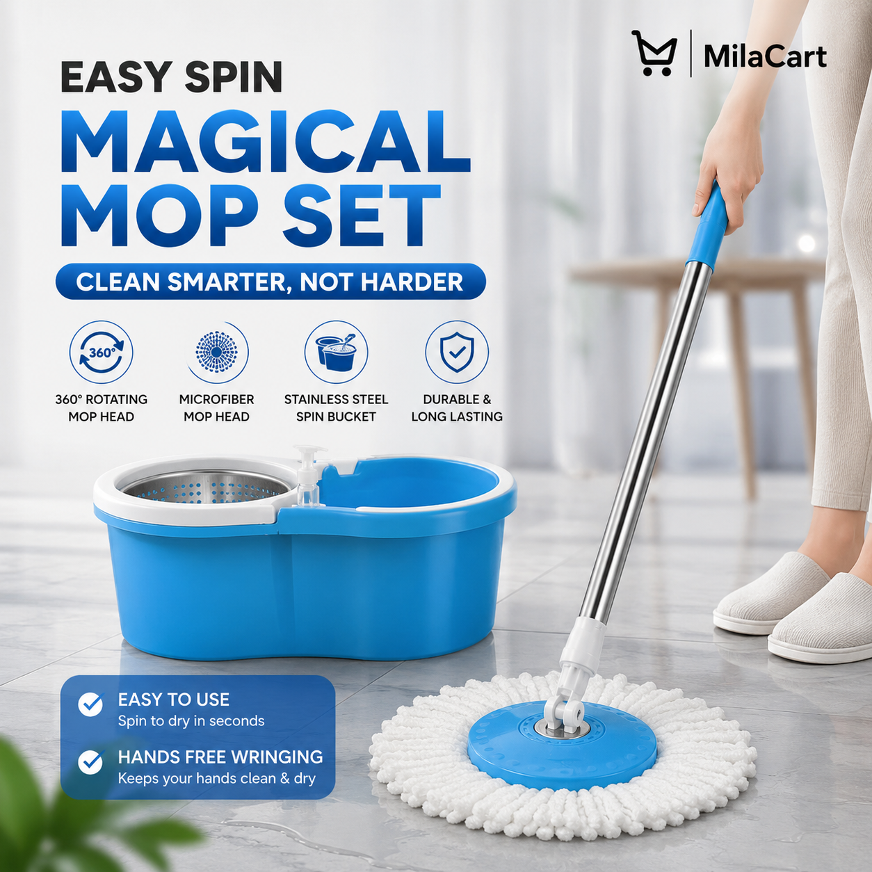 Easy Spin Magical Mop Set with Steel Bucket | 360° Rotating Microfiber Floor Cleaning System