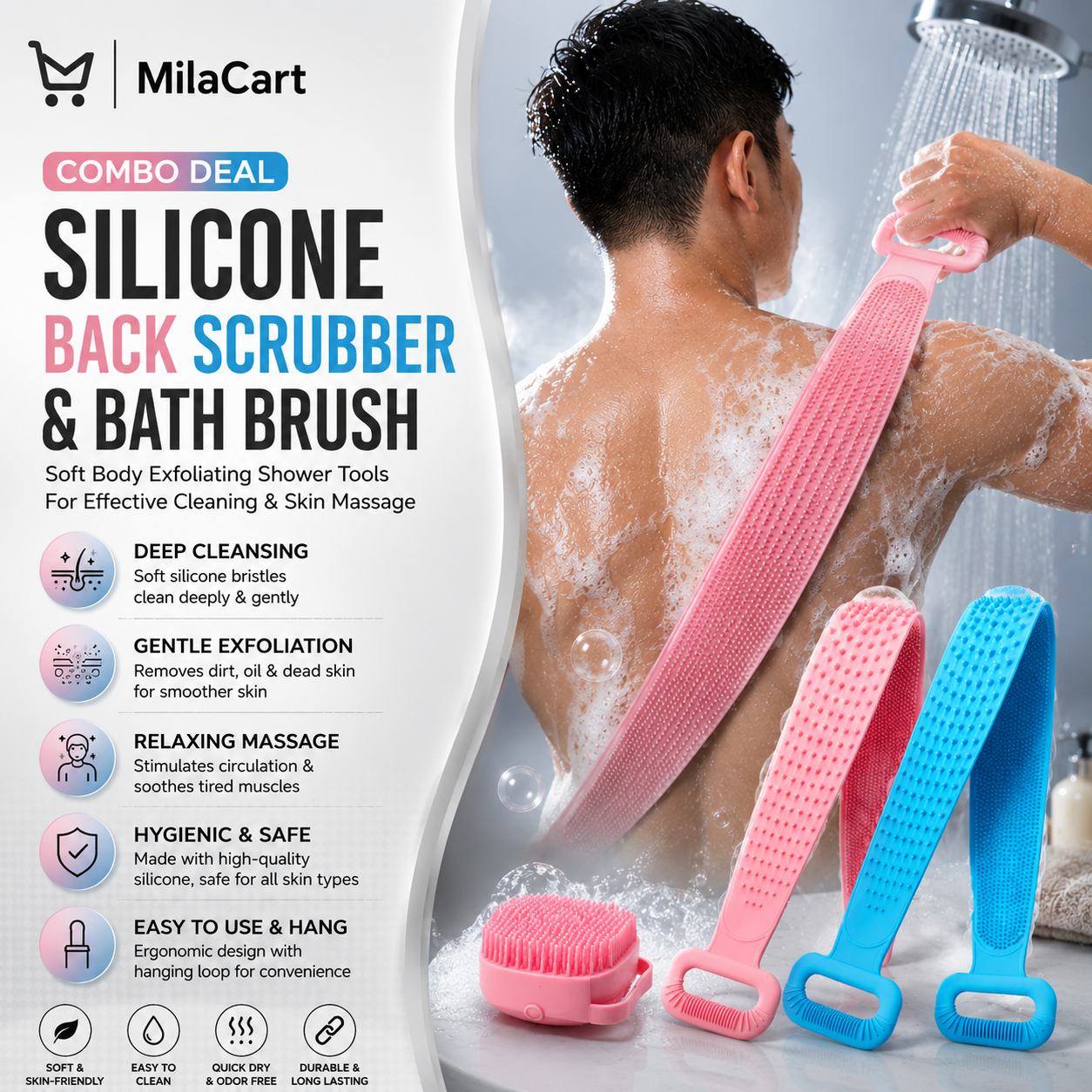 Premium Silicone Bath Scrubber Combo – Deep Cleansing & Body Massage Set